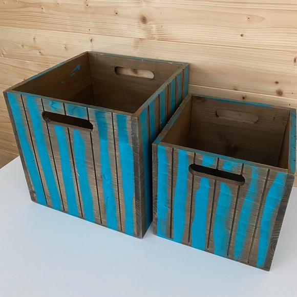 Other - Rustic Farmhouse Wooden Storage Bin Set 2 Piece Built-In Handles Country Cottage